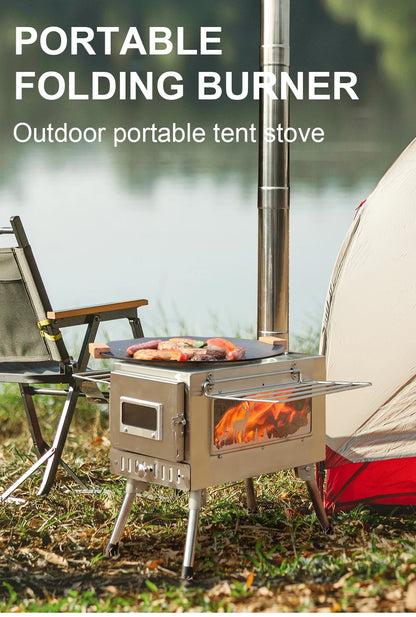 Large Portable Fire Wood Stove, 304 Stainless Steel, Window Pipe for Tent Heater, Cot Camping, Ice-fishing Cooking, Outdoor BBQ