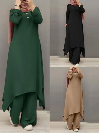 Traf Muslim Pants Suit Women Long Sleeve Blouse Abaya Loose Matching 2-pc Set Solid Bottoming Shirts Fashion Clothing StreetWear