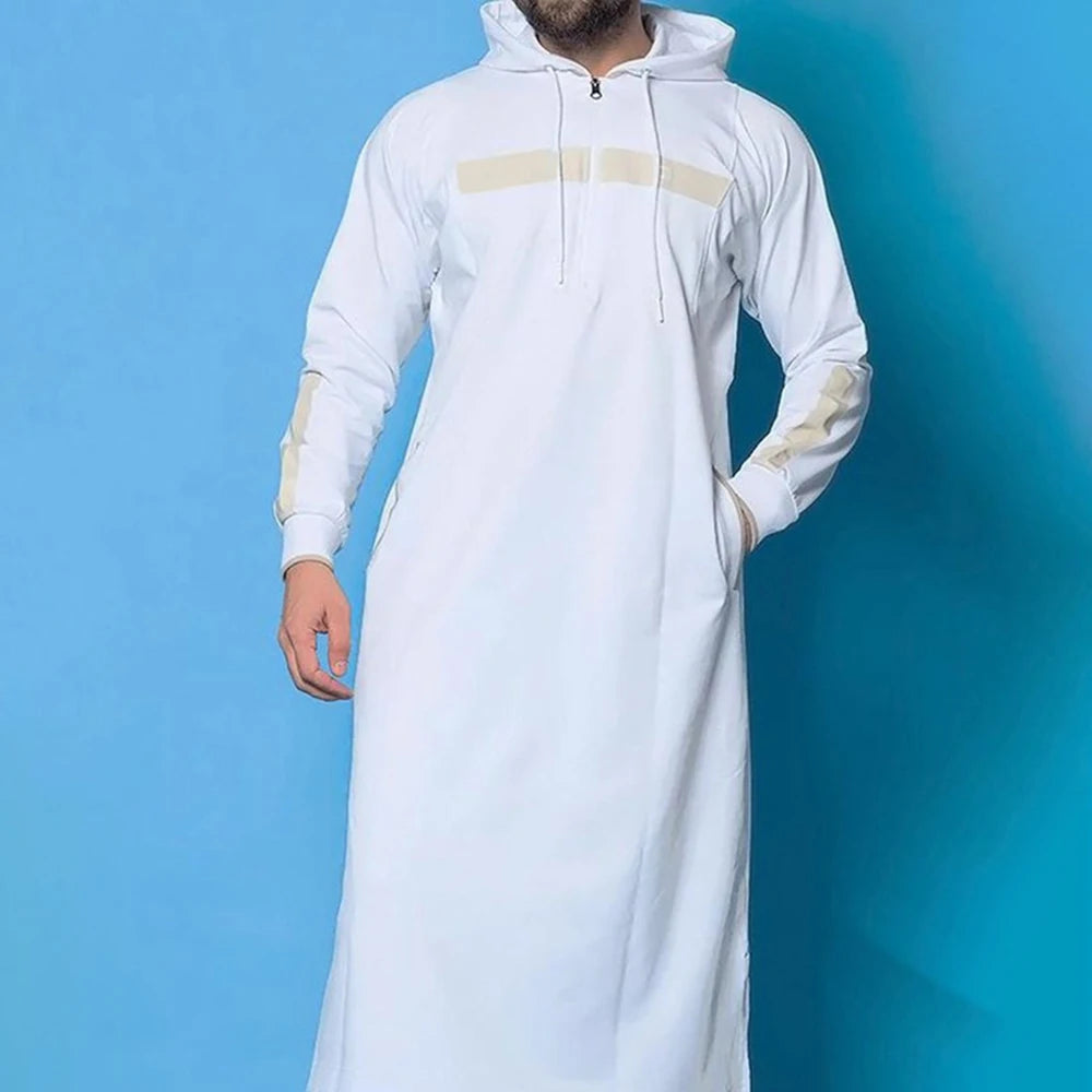 Mens Muslim Middle Eastern Islamic Arabic Clothing Vintage Loose Striped Long Sleeve Drawstring Pockets Full Length Hooded Robe