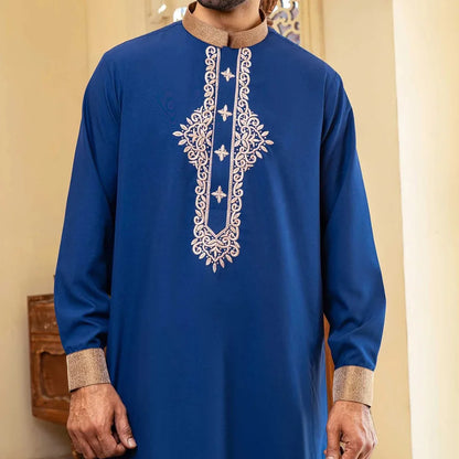 Eid Muslim Fashion Men Jubba Thobe Embroidery Stand Collar Dubai Arab Long Dress Islamic Ramadan Robe Saudi Musulman Abaya Male