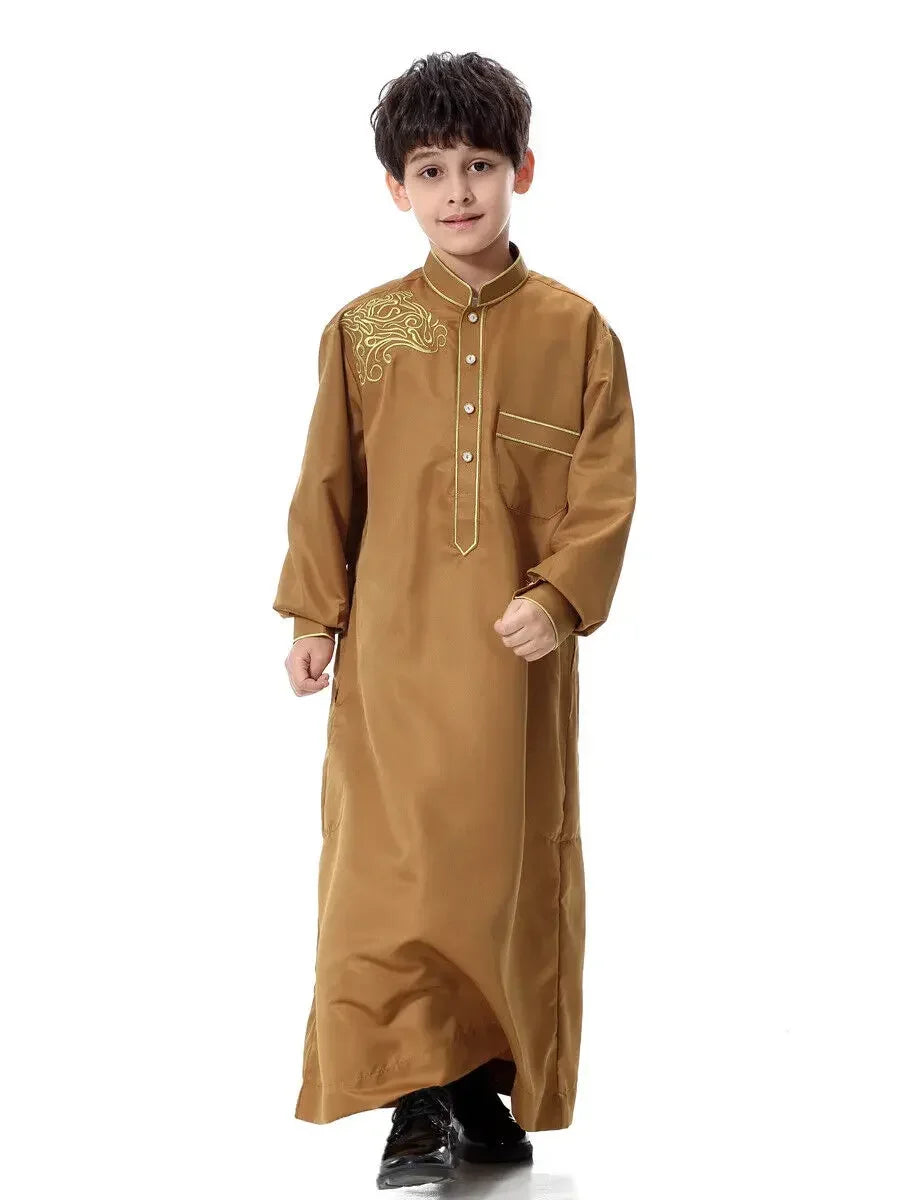 Ramadan Muslim Children Solid Robe Luxury Embroidery Islamic Arab Boys Abaya Singel-Breasted Long Sleeve Dress Dubai Jubba Thobe