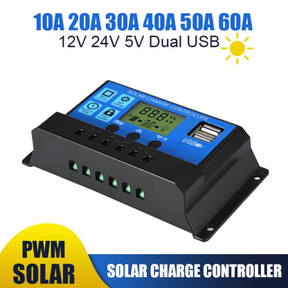 10A 20A 30A 40A 50A 60A Solar Charge Controller 12V 24V Auto PWM 5V Output Regulator PV Home Battery Charger LCD Dual USB