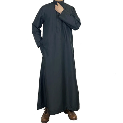 Polyester Muslim Men's Robes Qatar Stand Collar Robe Pocket Design Arab Middle Eastern Menswear Muslim Fashion  Arabic