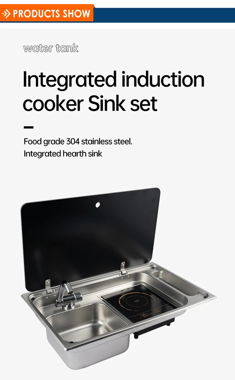 RV Stainless Steel Sink and Induction Cooker Combination Unit with Tempered Glass Lid for RV Caravan Motorhome Yacht