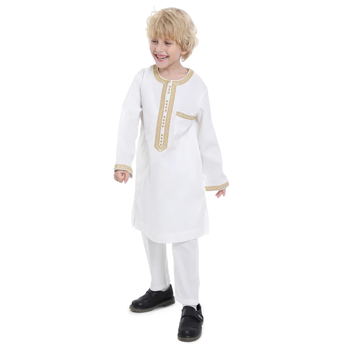 2025 Muslim Children Robe 2pc Set Long Sleeve Embroidery Dress Shirt+Pants Boys Fashion Abaya Kaftan Thobe Kids Islamic Clothing