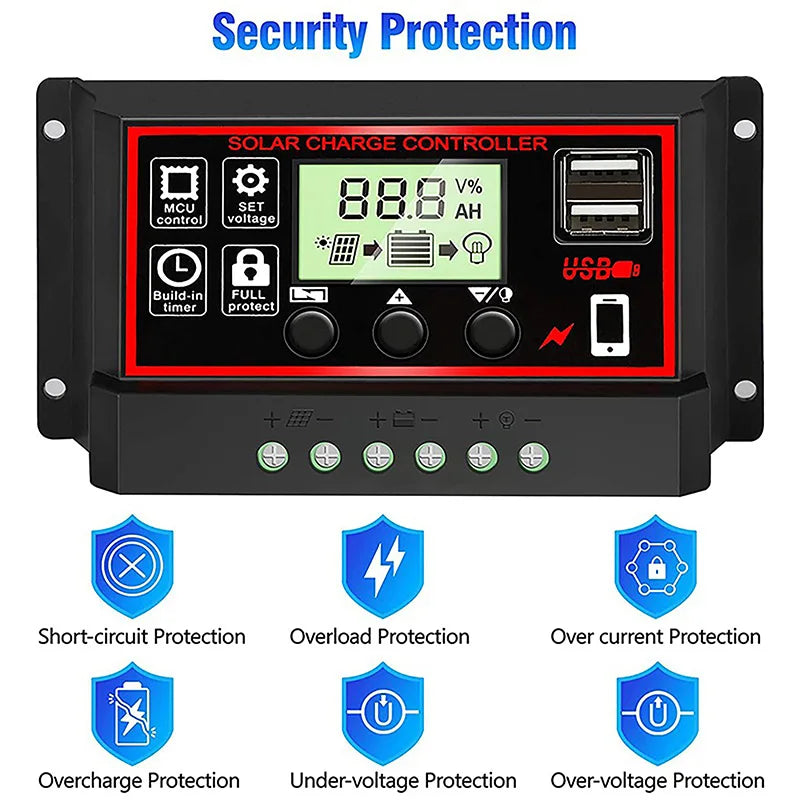 10/20/30/40/50/60/70/80/90/100A New Solar Controller Digital Display LCD Screen Automatic Solar Panels Battery Charge Controller