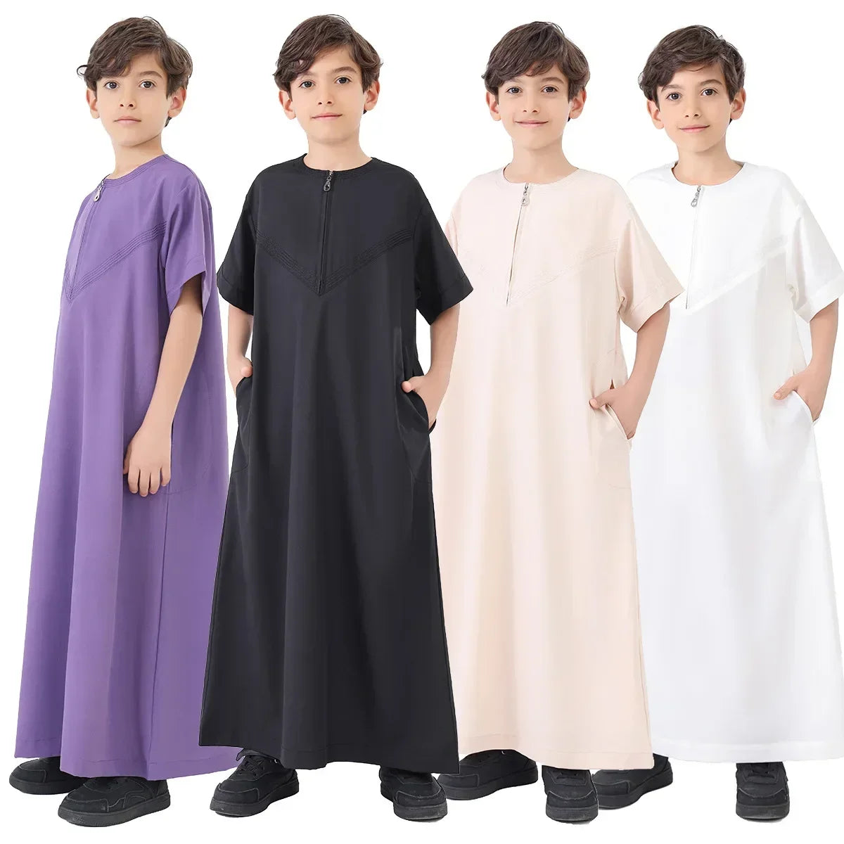 Ramadan Eid Muslim Solid Color Robe Islamic Arab Children Long Sleeve Dress Jubba Thobe Abaya Dubai Boys Clothing Turkey 2025