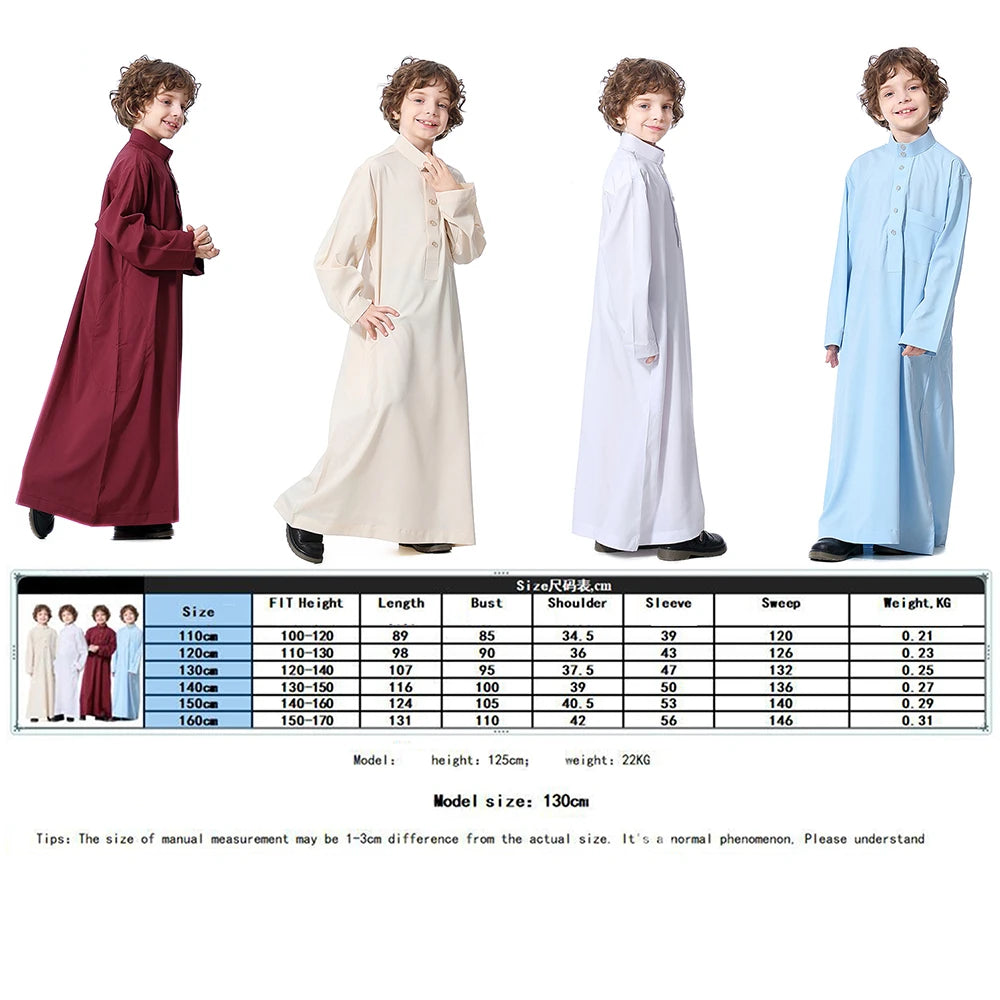 Solid Stand Collar Boys Kids Islamic Muslim Juba Kaftan Robe Arabian Dubai Qatar Children Long Dress Singel-Breasted Abaya Robe