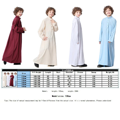 Solid Stand Collar Boys Kids Islamic Muslim Juba Kaftan Robe Arabian Dubai Qatar Children Long Dress Singel-Breasted Abaya Robe