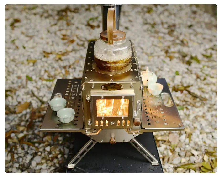 Camping Firewood Stove Outdoor Tent Heating Stove Picnic Cooking wood Stove with Chimney Furnace