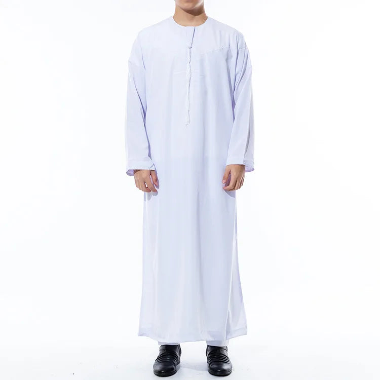 Muslim Men Clothing Galabia Islam Thobe Oman Robes Pocket Design Round Neck Saudi Arabia Qamis Man Solid Color Off-white Abaya