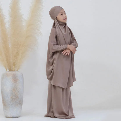 Gowns for Kids Girls Islamic Clothing 2 Piece Sets Dubai Muslim Outfits Overhead Hijabs Abaya Khimar Skirt Ramadan Eid Dresses