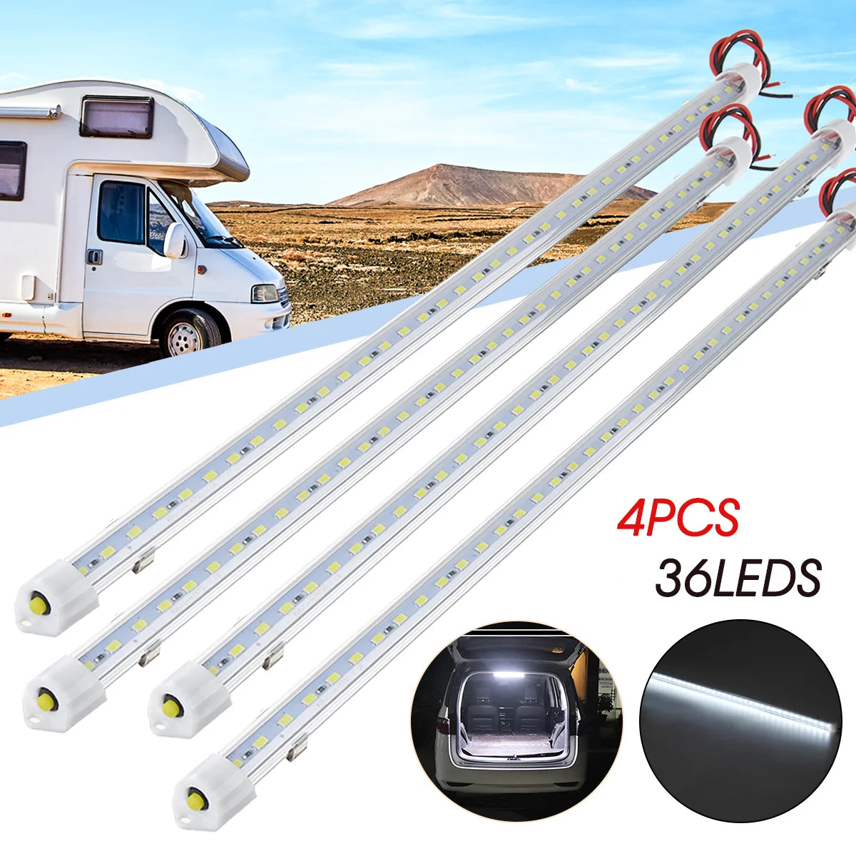 1/2/4pcs 50CM 12V 36 LED Car Interior Light Bar Bright White Light Tube with Switch for RV Camper Boat Van Lorry Truck Caravan