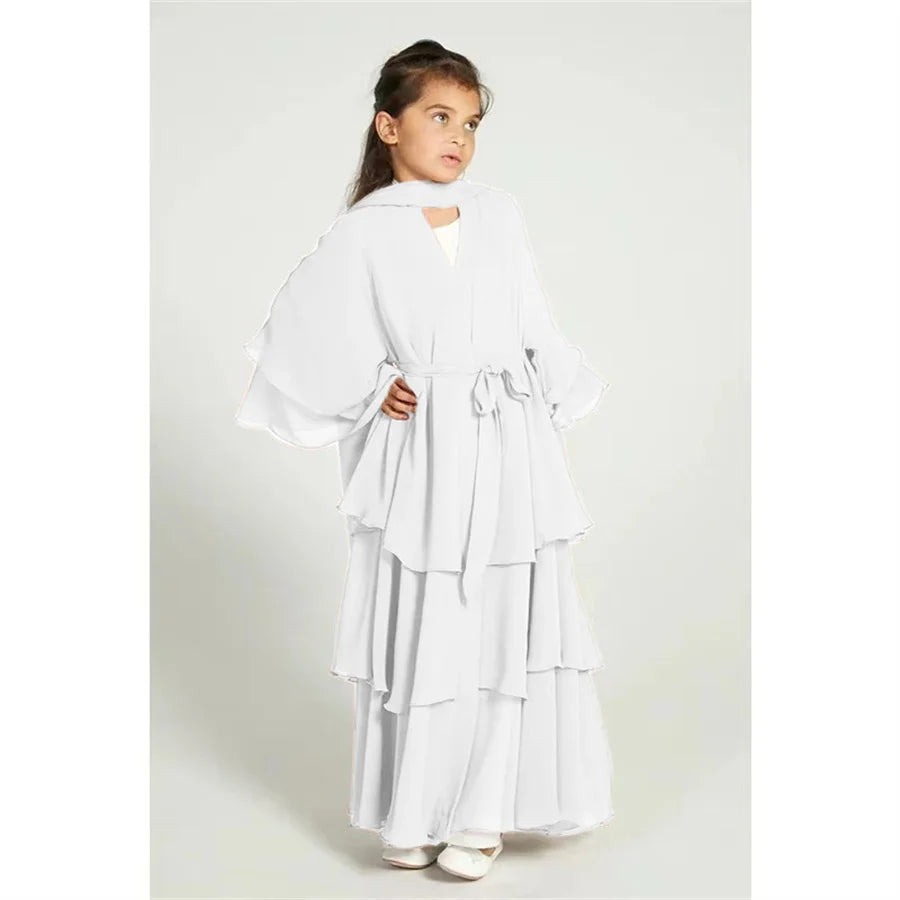 Chiffon Muslim Abaya Kids Open Abaya Girls Islamic Dresses Prayer Clothing for Children Long Robe Ramadan 2025 Clothes