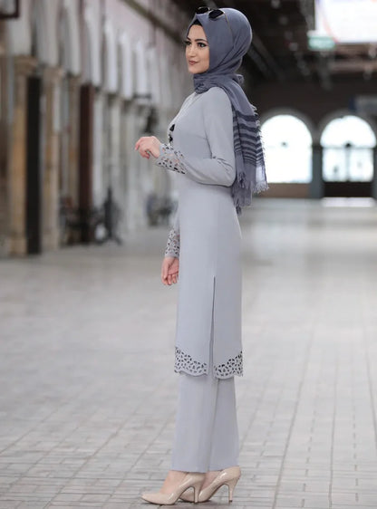 2024 Women Muslim Abaya Sets Fashion Hollow Out Long Sleeve Dreess and Pants Two Pieces Women Islamic Clothing Arab Dubai Kaftan