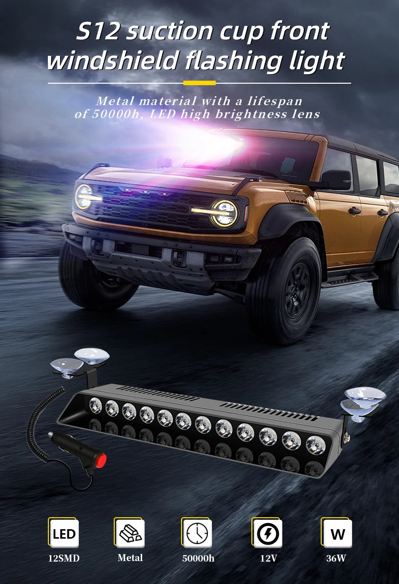 12LED Beads Car Light Police Strobe Light Emergency Suction Cup Warning Light 14 Flash Mode For Truck SUV with Cigarette Lighter