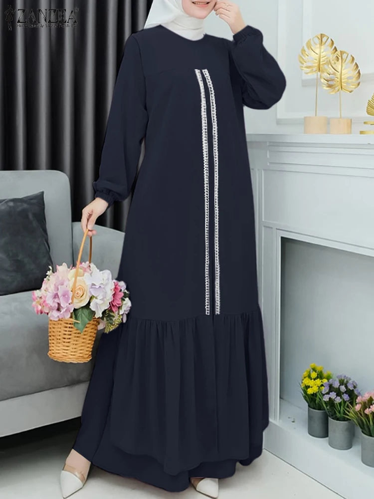 ZANZEA Ruffled Hem Lace Panels Abaya Robes Autumn Muslim Women O Neck Maxi Dress Islamic Hijab Loose Casual Long Sleeve Vestidos