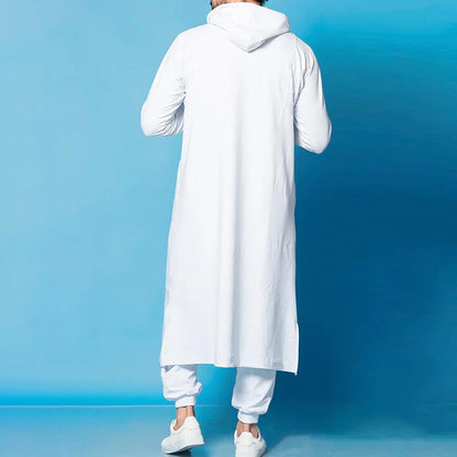 Mens Muslim Middle Eastern Islamic Arabic Clothing Vintage Loose Striped Long Sleeve Drawstring Pockets Full Length Hooded Robe