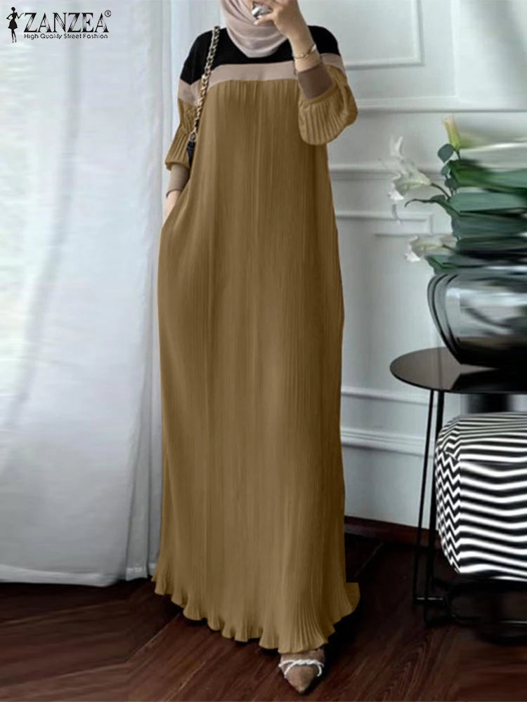 2024 ZANZEA Muslim Abaya Robe Femme Women Patchwork Maxi Dresses Fashion Autumn Long Sleeve Pleated Sundress Casual Vestidos