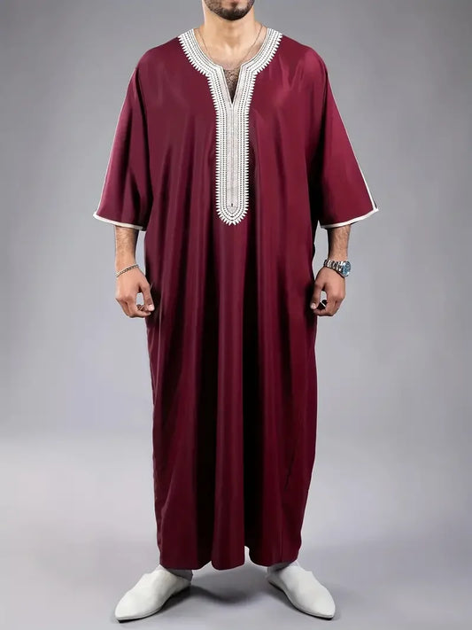 2024 Summer New Muslim men's short-sleeved black red embroidered loose breathable casual Islamic robes