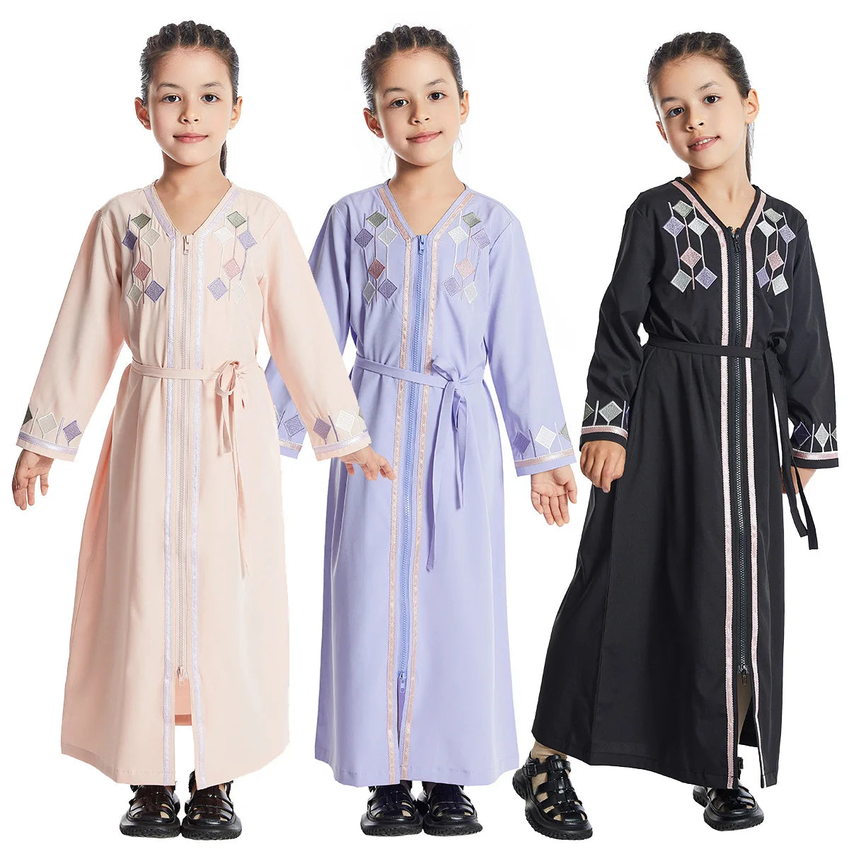 Moroccan Eid Muslim Kids Abaya Girls Embroidery Zipper Long Sleeve Maxi Dress Arabic Kaftan Robes Islamic Party Prayer Clothing