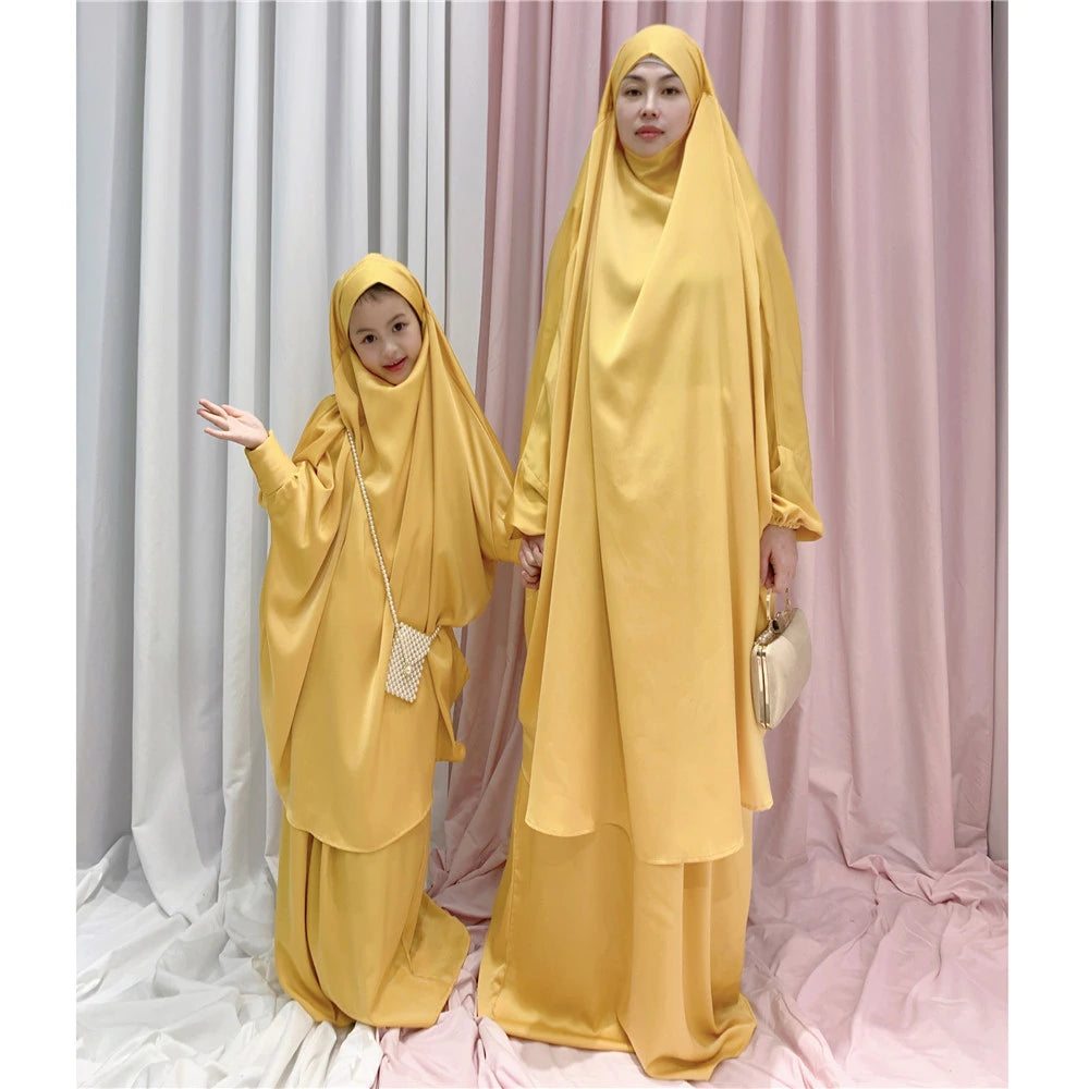 2PCS Muslim Kids Girls Khimar Skirt Set Islamic Prayer Garment Clothing Niqab Burqa Saudi Arabic Child Dress Hijab Robe Abaya