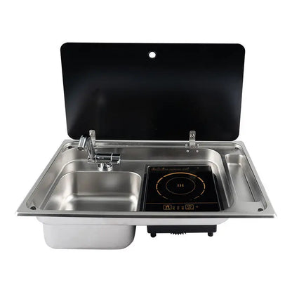 RV Stainless Steel Stove Sink And Induction Cooker Combination Unit With Tempered Glass Lid For Caravan Motorhome Yacht