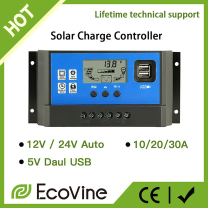 Solar Panel Charge Controller 12V 24V PWM MPPT 10A 20A 30A  Automotive Battery Charger Regulator  USB Output 5V Max PV 50V DC