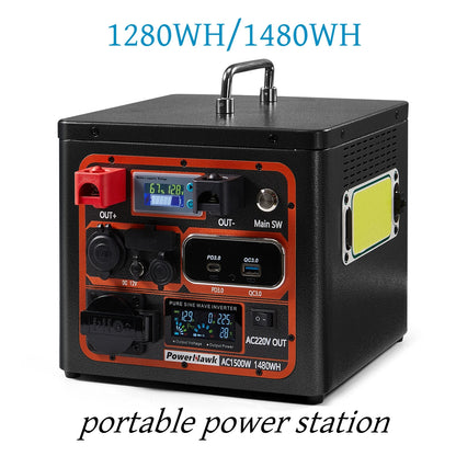 Portable Power Station 1280Wh/1480Wh Generator LiFePO4 Battery 1200W Outdoor Camping Charger Emergency AC220V DC12V output