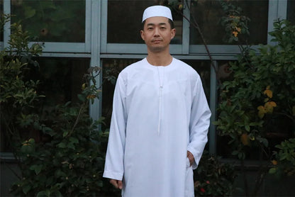 National Costume Men Muslim Clothing White Jubba Thobe Long Sleeve Robes Dubai Middle East Men Islamic Arabic Kaftan Headwear