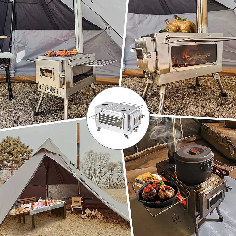 Large Portable Fire Wood Stove, 304 Stainless Steel, Window Pipe for Tent Heater, Cot Camping, Ice-fishing Cooking, Outdoor BBQ