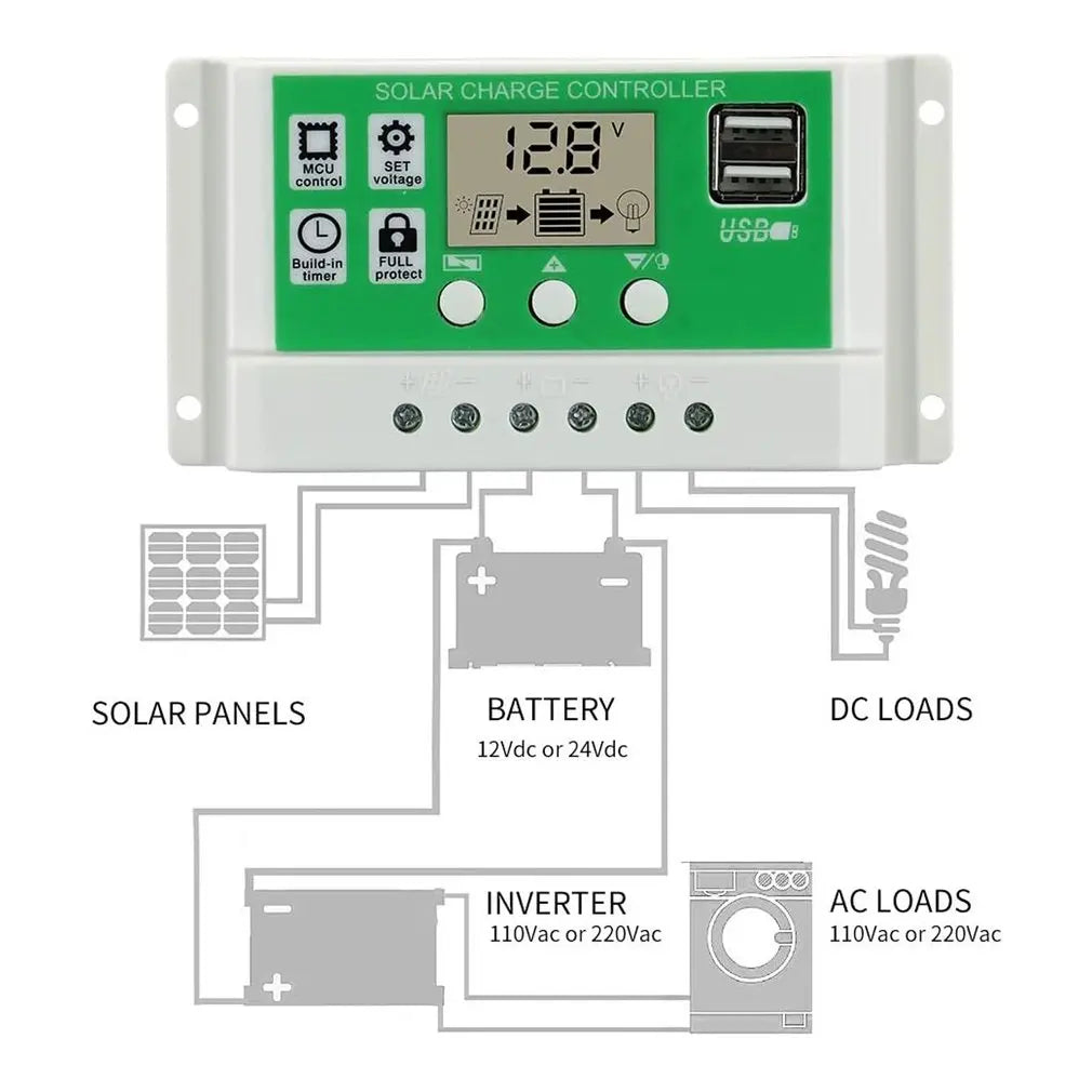 Solar Charge Controller 12V/24V Lithium Lead-acid Battery Solar Controller PMW Charging Management Solar Charger Regulator 10A