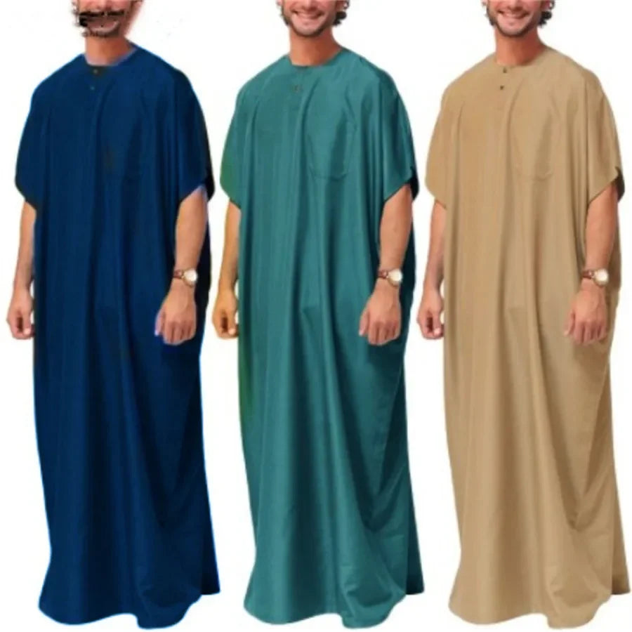 Islamic Arabic Kaftan for Men Vintage Solid Short Sleeve Loose Retro Robe Abaya Dubai Middle East Muslim Dress Men's Clothing