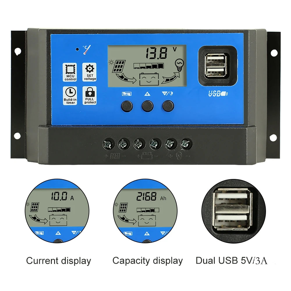 ECGSOLAX PWM Solar Charge Controller 10A 20A 30A 40A 50A 60A 12V/24V Battery Charger Solar Charge Regulator With Dual USB 5V/3A