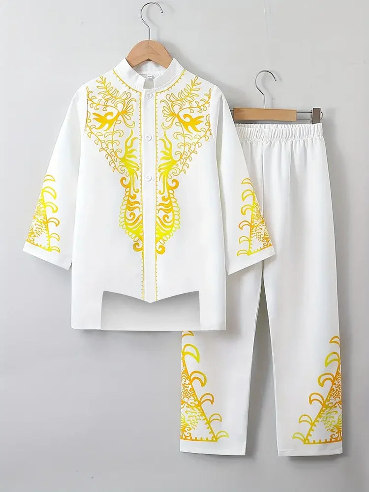 Muslim Robe Navy Blue Long-Sleeved Trousers The Traditional Dress of Arab Men 3D Pattern Printing Black White Yellow