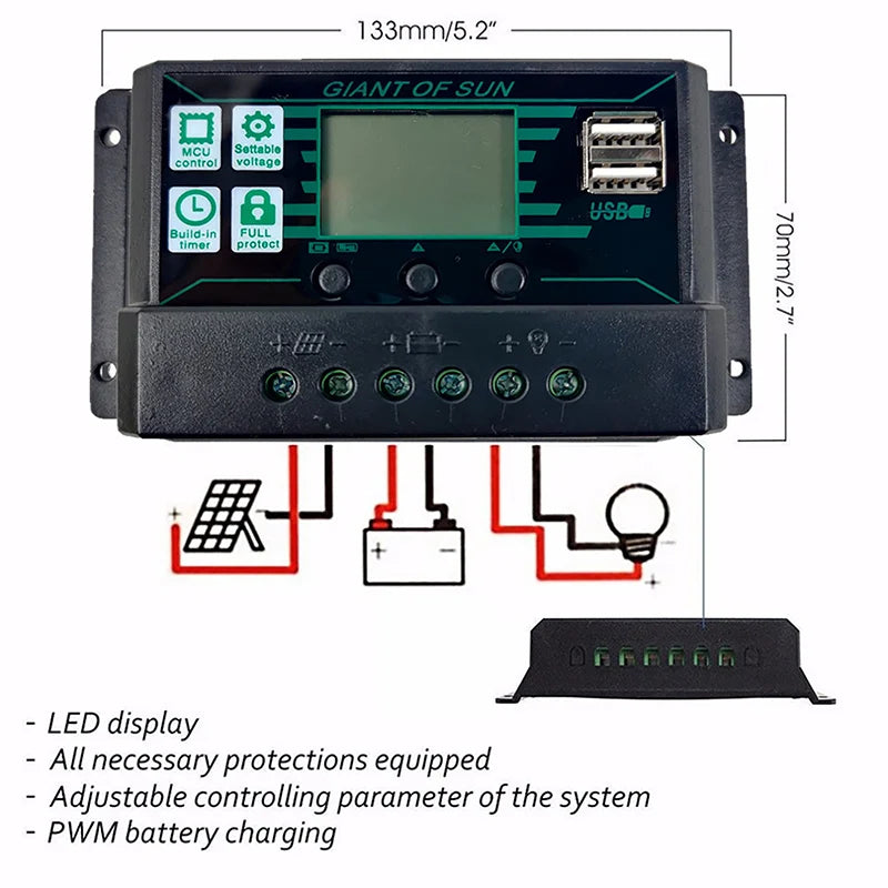 10/20/30/40/50/60/70/80/90/100/150A Solar Controller Digital Display LCD Screen 12V 24V Solar Panels Battery Charge Controller