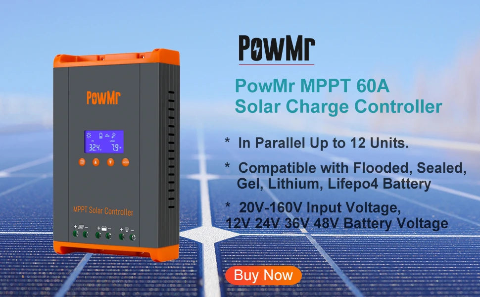 PowMr MPPT 60A Solar Charger Controller 12V 24V 36V 48V Auto Lifepo4 Battery Charger Solar Panel Regulator Max PV Input 160VDC