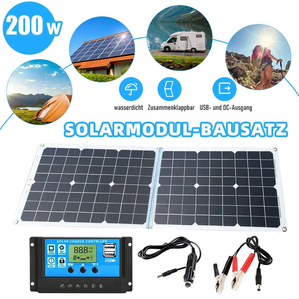 200W Foldable Solar Panel 12V Solar Cell with 100A Controller USB Battery Charger Solar Panel Kit for Phone RV Car Charging