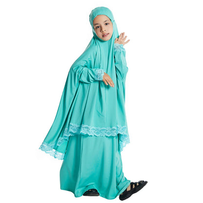 2 Piece Set Prayer Garment Lace Dress Muslim Kids Girls Abaya Gowns Overhead Hijab Long Khimar Ramadan Skirt Arab Clothes Niqab