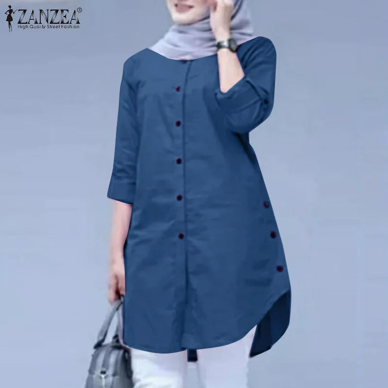 ZANZEA Fashion Abaya Muslim Blouse Woman Casual Holiday Baggy Shirt Long Sleeve O-Neck Tops Elegant Solid Islamic Clothing 2024