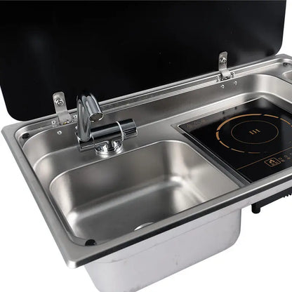 RV Stainless Steel Stove Sink And Induction Cooker Combination Unit With Tempered Glass Lid For Caravan Motorhome Yacht