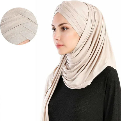 Women Turban Jersey Hijab Lightweight Soft Forehead Cross Instant Hijab Shawls and Wraps Muslim Stretch Head Scarf