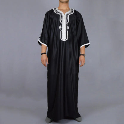 Arab Long Robe Islam Kaftan Muslim Eid Men Moroccan Dubai Caftan Embroidered Loose Breathable Abaya Jalabiya Thobe Summer 2024