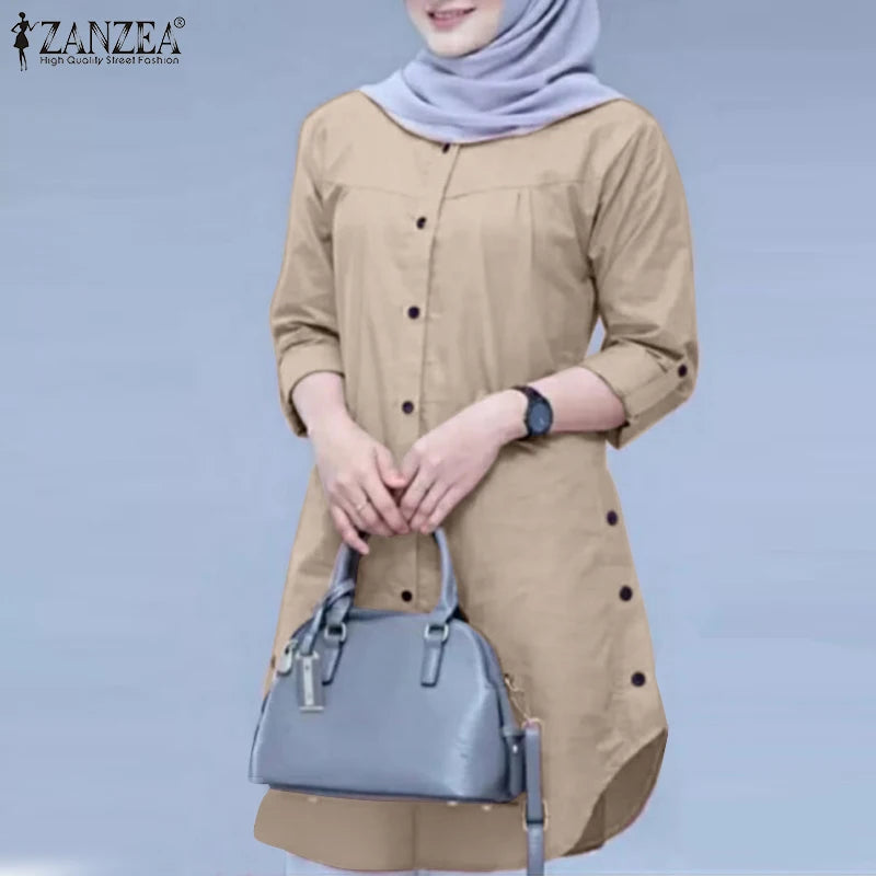 ZANZEA Fashion Abaya Muslim Blouse Woman Casual Holiday Baggy Shirt Long Sleeve O-Neck Tops Elegant Solid Islamic Clothing 2024