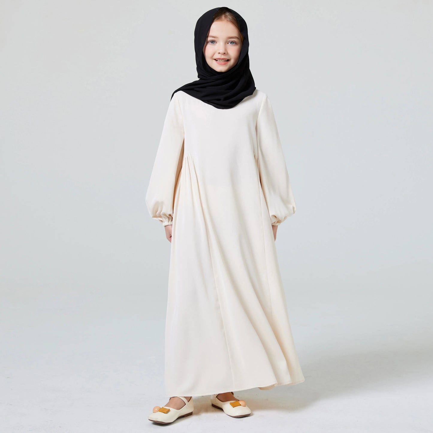 Ramadan Girl Abaya Muslim Elegant Solid Crew Neck Long Sleeve Kaftan Kids Dress For Pray Party