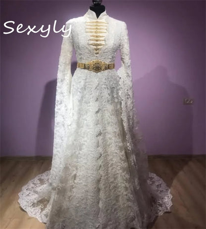 Circassian National Moroccan Wedding Dress Luxury Ingush Muslim Bridal Gown Lace Long Sleeve Turkish Caucasian BrideCustomized