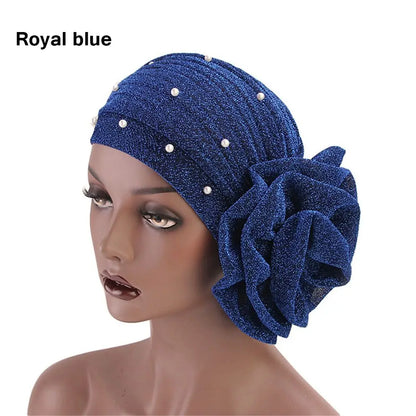 Women Cancer Chemo Cap Big Flower Shiny Silk Muslim Hat Hair Loss Head Scarf Pearls Elastic Turban Head Wrap Cover