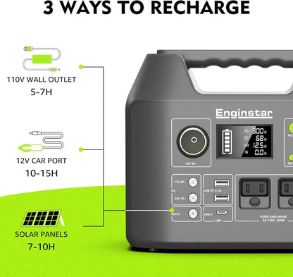 EnginStar Portable Power Station 300W 296Wh Battery Bank with 110V Pure Sine Wave AC Outlet for Outdoors Camping Hunting