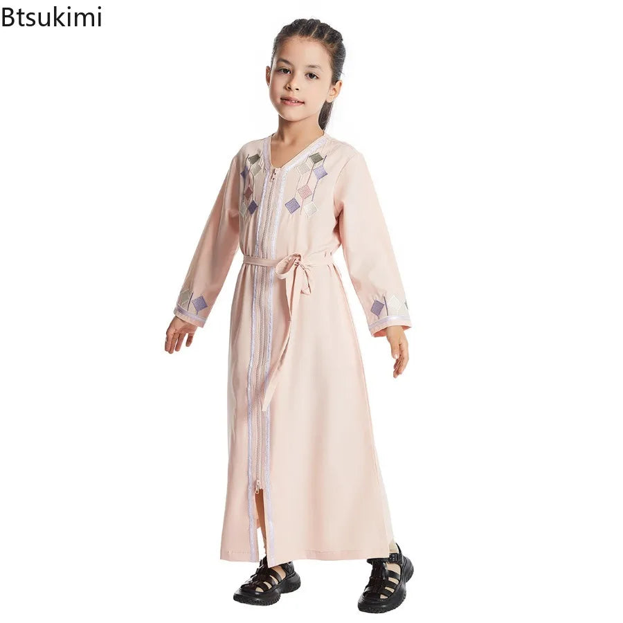 Moroccan Eid Muslim Kids Abaya Girls Embroidery Zipper Long Sleeve Maxi Dress Arabic Kaftan Robes Islamic Party Prayer Clothing