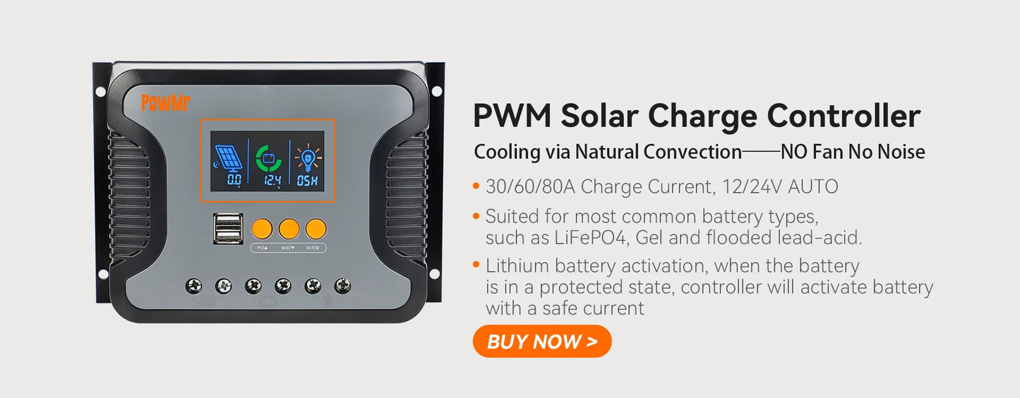 PowMr 60A MPPT Solar Charge Controller Parallel Connected Solar Power Array Controller 12V 24V 36V 48V Auto